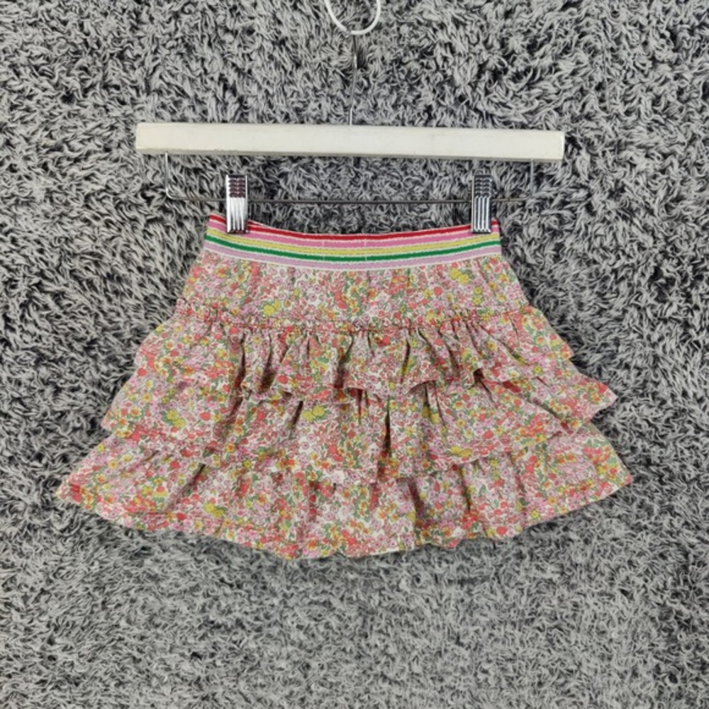 Boden Girls 6-7Y 122cm Pink Floral Tiered Ruffle Skirt Rainbow Waistband Elastic - Picture 2 of 7